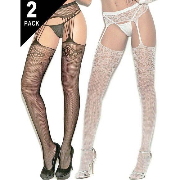 2-Pack Suspender Pantyhose Womens OS Crochet Fishnet Stretch Nylon Tights Set - Picture 1 of 8
